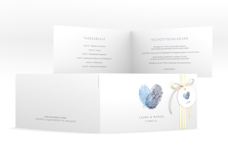 Hochzeitseinladung Fingerprint lange Klappkarte quer blau hochglanz schlicht mit Fingerabdruck-Motiv