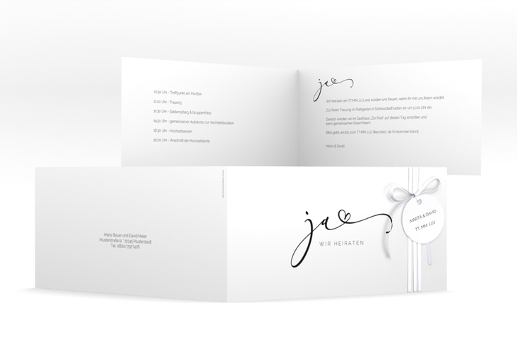 Hochzeitseinladung Jawort lange Klappkarte quer weiss hochglanz modern minimalistisch mit veredelter Aufschrift