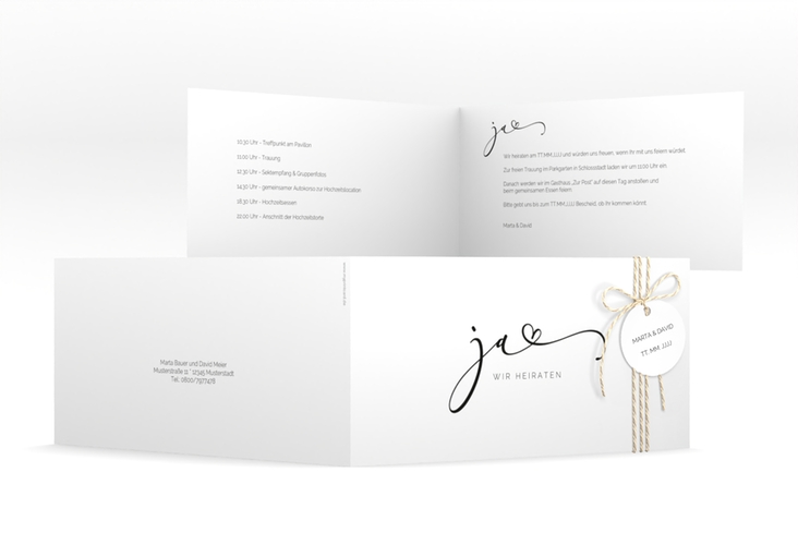 Hochzeitseinladung Jawort lange Klappkarte quer weiss hochglanz modern minimalistisch mit veredelter Aufschrift