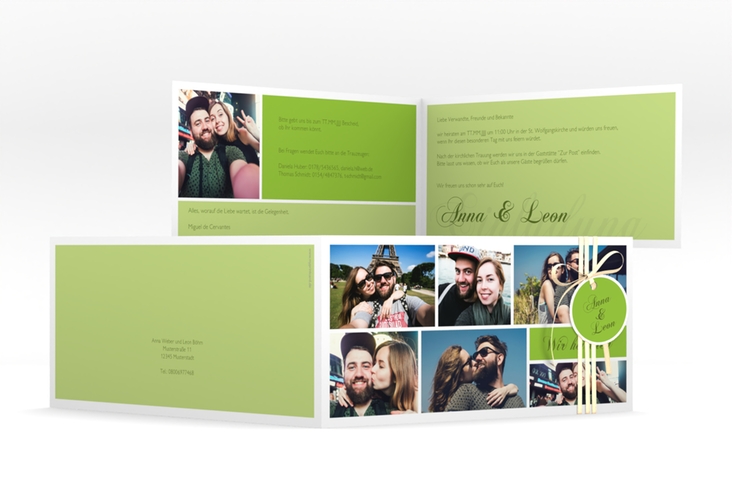 Hochzeitseinladung Collage lange Klappkarte quer gruen