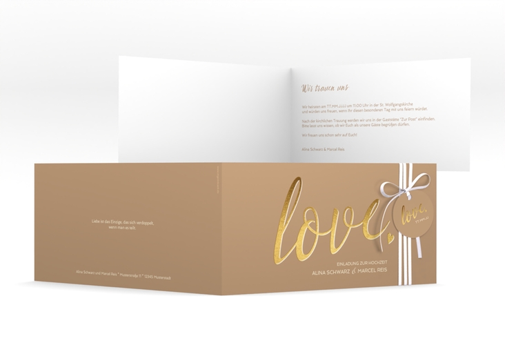 Hochzeitseinladung Glam lange Klappkarte quer beige hochglanz