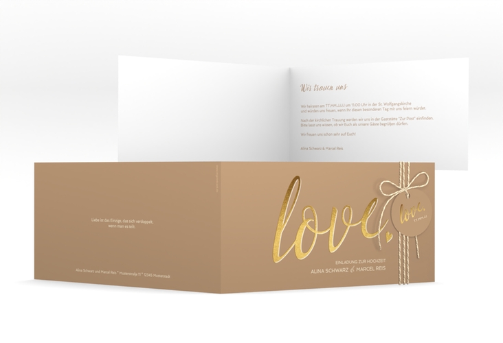 Hochzeitseinladung Glam lange Klappkarte quer beige hochglanz