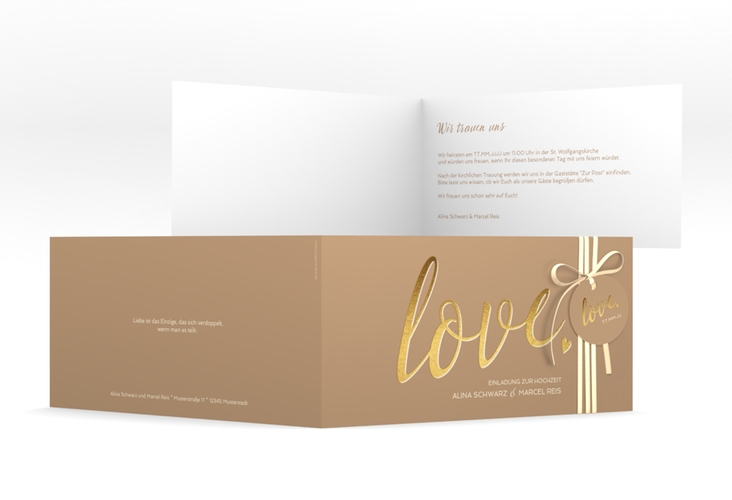 Hochzeitseinladung Glam lange Klappkarte quer beige hochglanz
