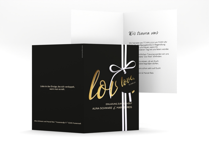 Einladungskarte Hochzeit Glam A6 Klappkarte hoch schwarz hochglanz