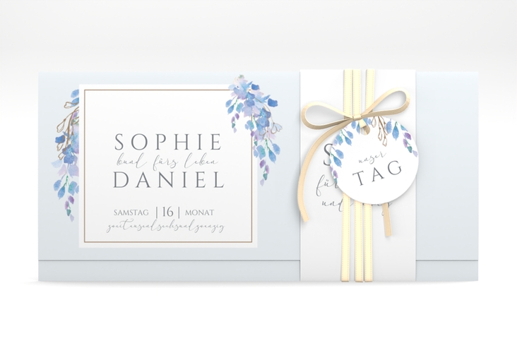 Hochzeitseinladung Blauregen Wickelfalzkarte + Banderole blau mit Wisteria-Blüten