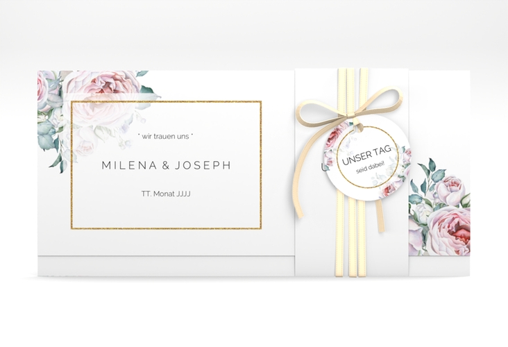 Hochzeitseinladung Embrace Wickelfalzkarte + Banderole weiss