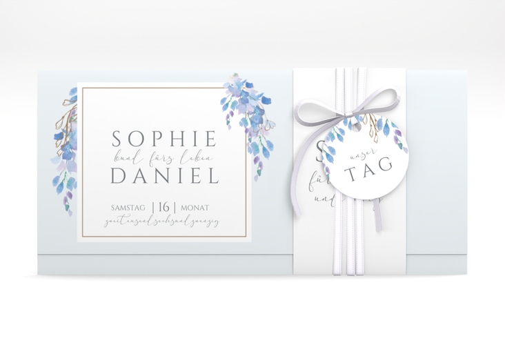 Hochzeitseinladung Blauregen Wickelfalzkarte + Banderole hochglanz mit Wisteria-Blüten