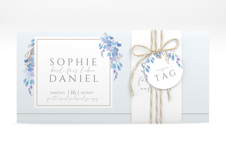 Hochzeitseinladung Blauregen Wickelfalzkarte + Banderole blau mit Wisteria-Blüten