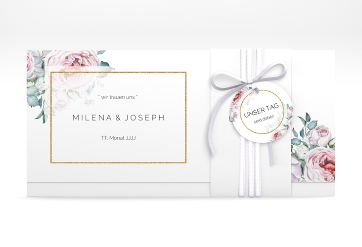 Hochzeitseinladung Embrace Wickelfalzkarte + Banderole weiss