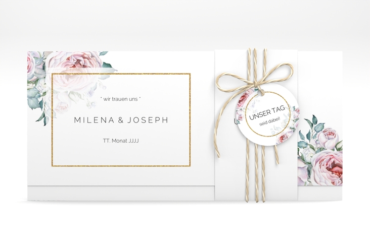 Hochzeitseinladung Embrace Wickelfalzkarte + Banderole weiss