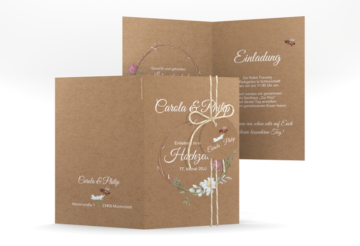Einladungskarte Hochzeit Honey A6 Klappkarte hoch Kraftpapier hochglanz mit Wiesenblumen und Biene