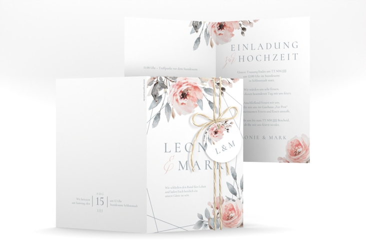Einladungskarte Hochzeit Perfection A6 Klappkarte hoch weiss hochglanz mit rosa Rosen