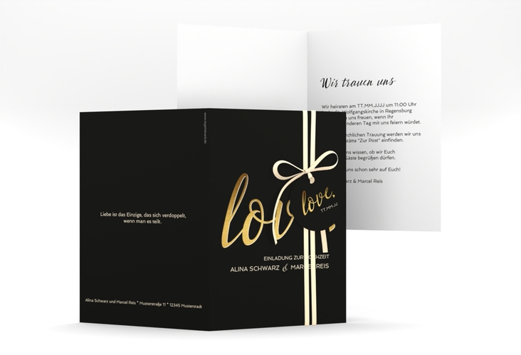 Einladungskarte Hochzeit Glam A6 Klappkarte hoch schwarz hochglanz