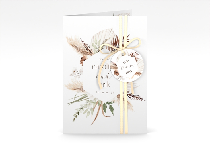 Einladungskarte Hochzeit Bohemian A6 Klappkarte hoch weiss mit Gräsern und Trockenblumen für Boho-Hochzeit