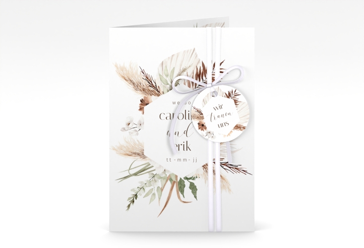 Einladungskarte Hochzeit Bohemian A6 Klappkarte hoch weiss mit Gräsern und Trockenblumen für Boho-Hochzeit