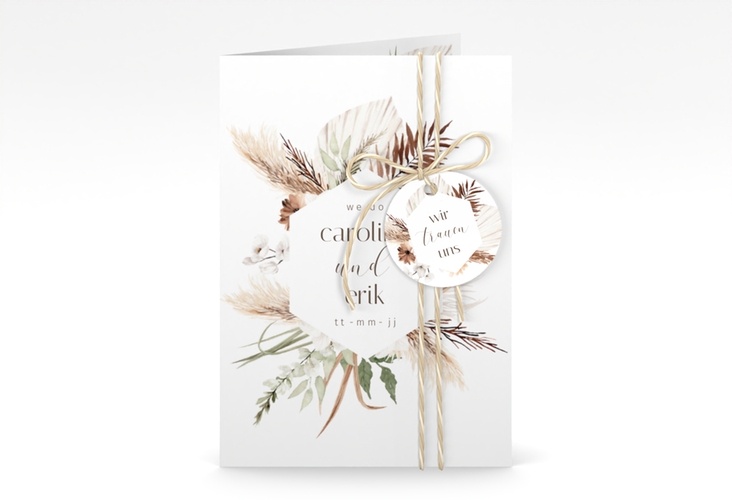 Einladungskarte Hochzeit Bohemian A6 Klappkarte hoch weiss mit Gräsern und Trockenblumen für Boho-Hochzeit