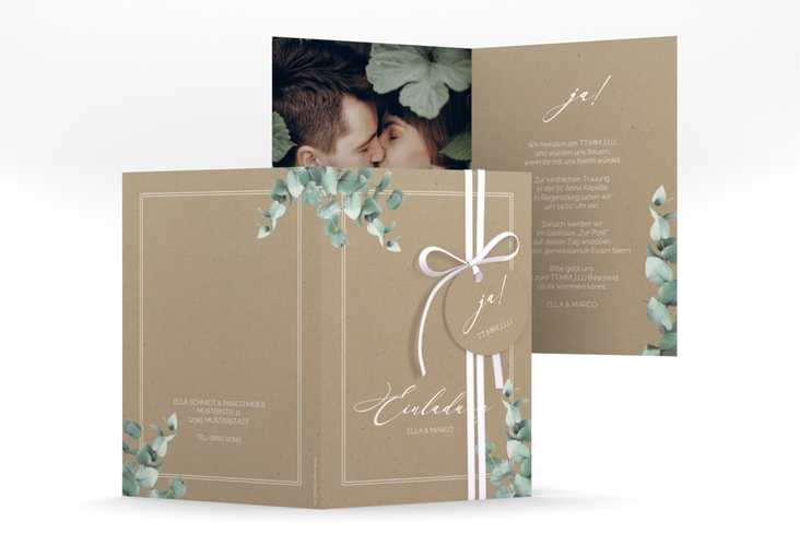 Einladungskarte Hochzeit Eucalypt A6 Klappkarte hoch Kraftpapier mit Eukalyptus und edlem Rahmen