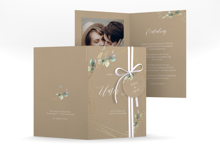 Hochzeitseinladung Greenish A6 Klappkarte hoch Kraftpapier hochglanz