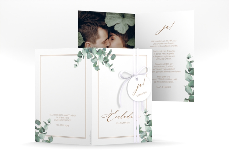 Einladungskarte Hochzeit Eucalypt A6 Klappkarte hoch hochglanz mit Eukalyptus und edlem Rahmen