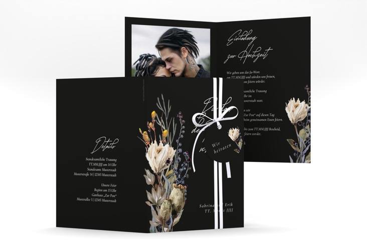 Einladungskarte Hochzeit Darkflower A6 Klappkarte hoch schwarz