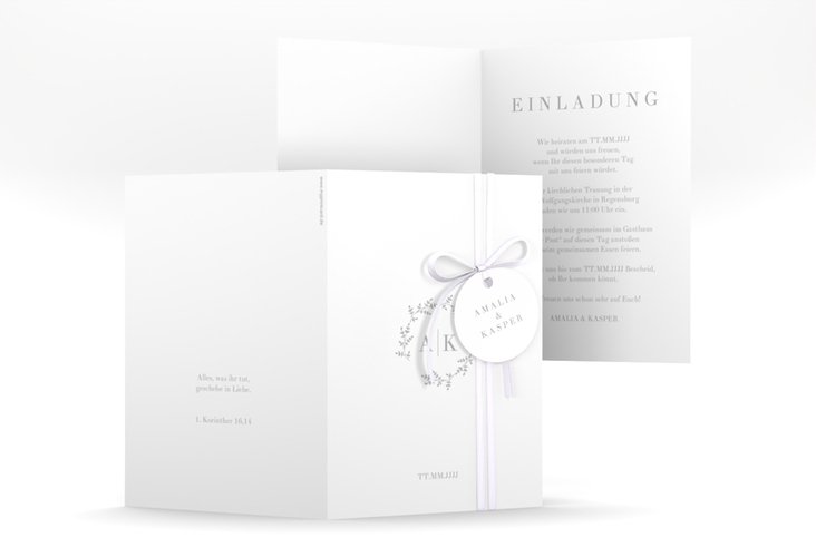 Einladungskarte Hochzeit Filigrana A6 Klappkarte hoch grau in reduziertem Design mit Initialen und zartem Blätterkranz