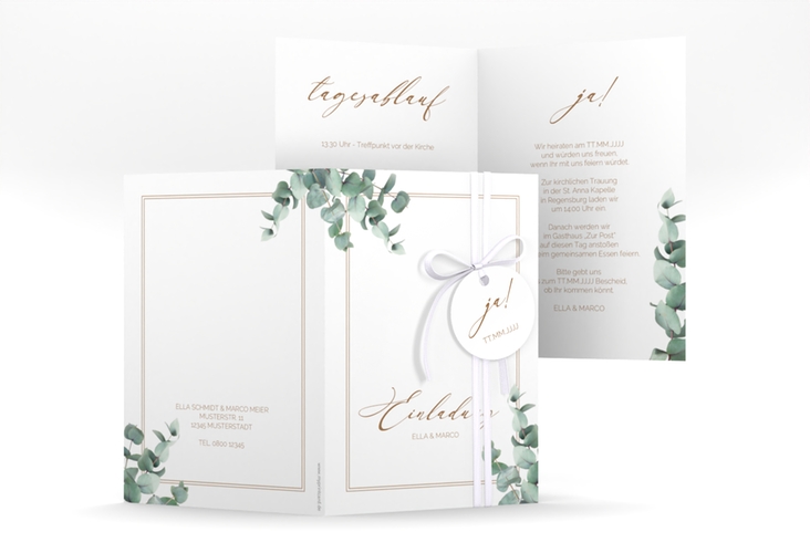 Einladungskarte Hochzeit Eucalypt A6 Klappkarte hoch weiss mit Eukalyptus und edlem Rahmen