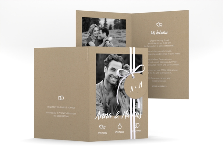 Einladungskarte Hochzeit Icons A6 Klappkarte hoch hochglanz im Kraftpapier-Look mit Foto