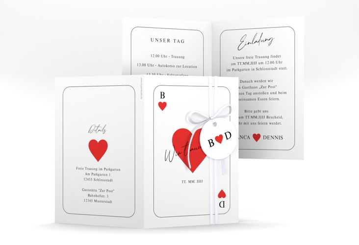 Einladungskarte Hochzeit Kartenspiel A6 Klappkarte hoch im Herz-Ass-Design eines Kartenspiels
