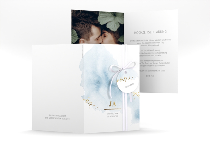 Einladungskarte Hochzeit Pastell A6 Klappkarte hoch blau hochglanz