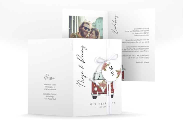 Einladungskarte Hochzeit Hochzeitsbulli A6 Klappkarte hoch rot mit Gräsern und Trockenblumen für Boho-Hochzeit