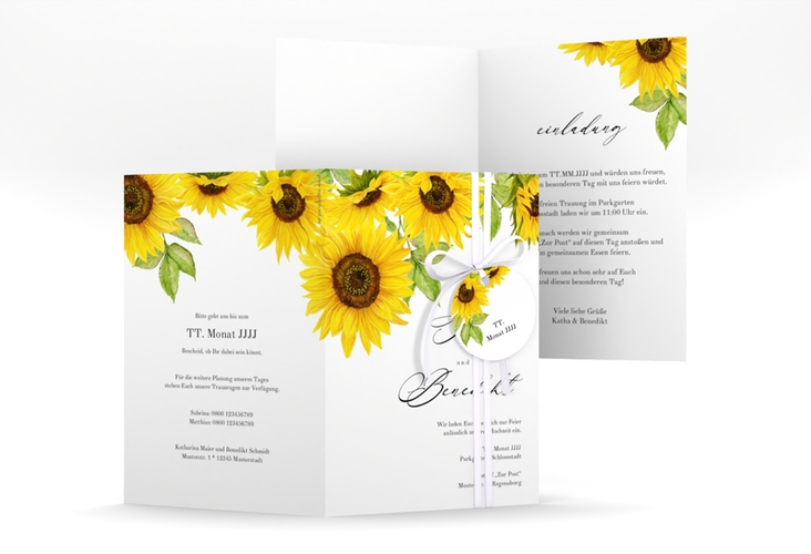 Einladungskarte Hochzeit Sonnenblume A6 Klappkarte hoch weiss mit Blüten in Gelb