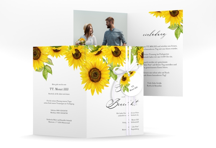 Einladungskarte Hochzeit "Sonnenblume" A6 Klappkarte weiss