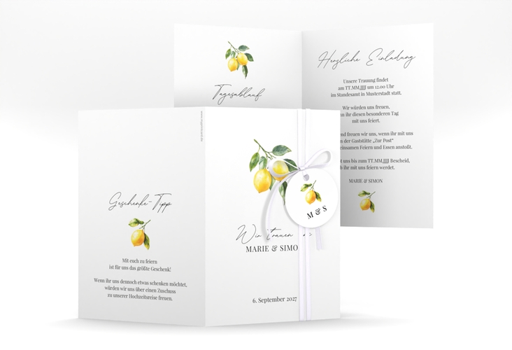 Einladungskarte Hochzeit Zitronen A6 Klappkarte hoch weiss für mediterrane Zitrushochzeit