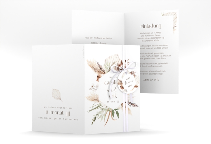 Einladungskarte Hochzeit Bohemian A6 Klappkarte hoch weiss mit Gräsern und Trockenblumen für Boho-Hochzeit