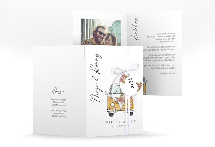 Einladungskarte Hochzeit Hochzeitsbulli A6 Klappkarte hoch mit Gräsern und Trockenblumen für Boho-Hochzeit