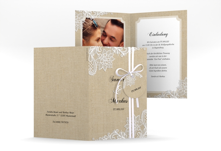 Einladungskarte Hochzeit Lace A6 Klappkarte hoch beige in Leinen-Optik mit weißer Spitze