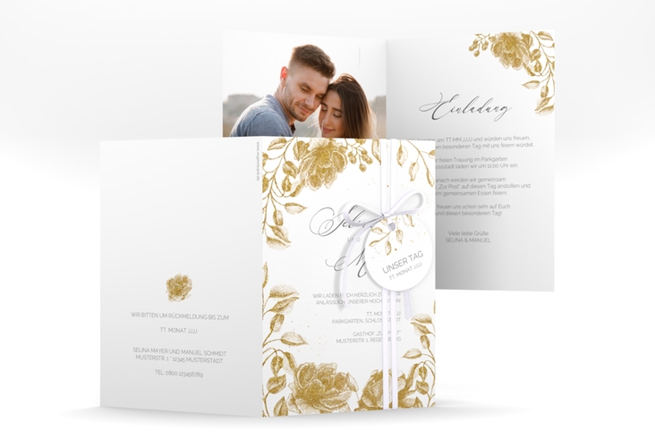 Einladungskarte Hochzeit "Blattgold" A6 Klappkarte hoch gold