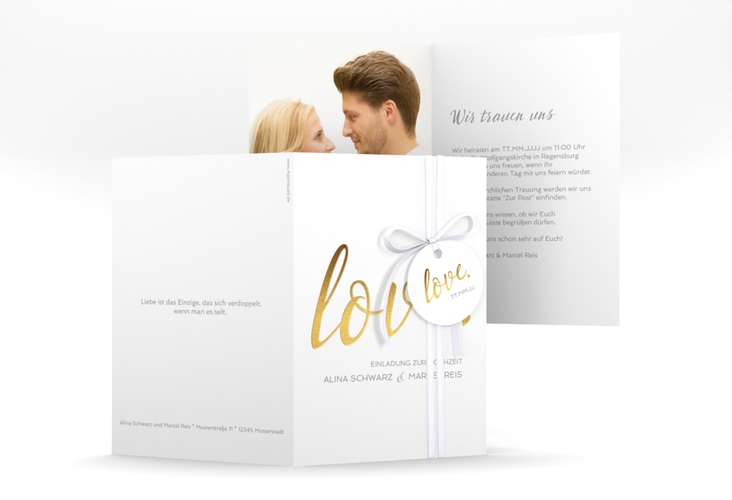 Einladungskarte Hochzeit Glam A6 Klappkarte hoch weiss hochglanz
