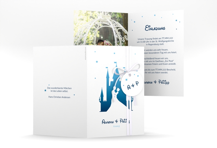 Einladungskarte Hochzeit Castle A6 Klappkarte hoch blau hochglanz
