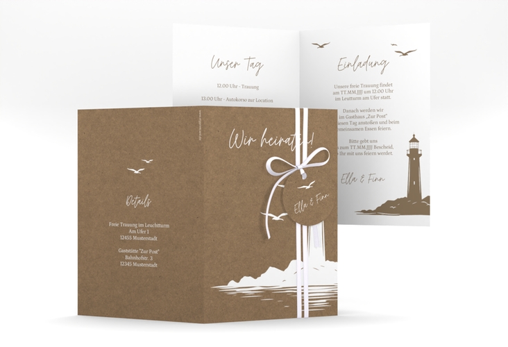 Einladungskarte Hochzeit Leuchtturm A6 Klappkarte hoch Kraftpapier