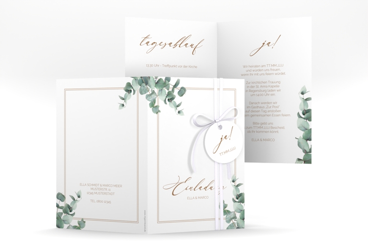 Einladungskarte Hochzeit Eucalypt A6 Klappkarte hoch mit Eukalyptus und edlem Rahmen