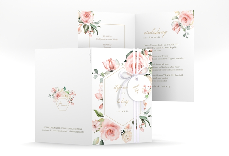 Einladungskarte Hochzeit Graceful A6 Klappkarte hoch weiss hochglanz mit Rosenblüten in Rosa und Weiß