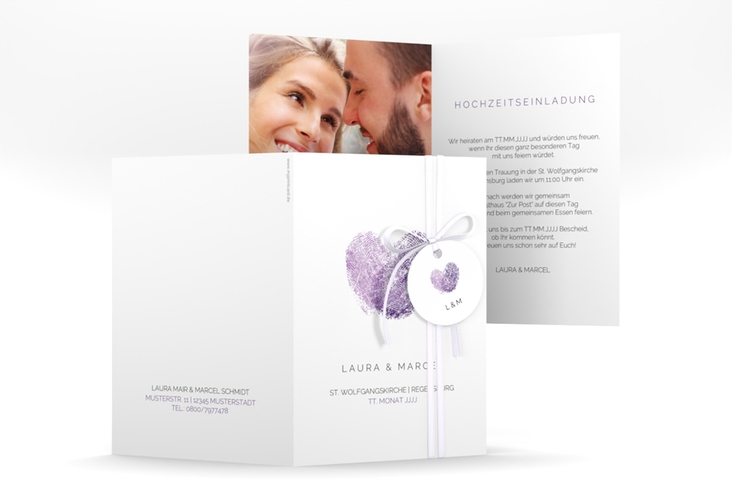 Einladungskarte Hochzeit Fingerprint A6 Klappkarte hoch lila hochglanz schlicht mit Fingerabdruck-Motiv