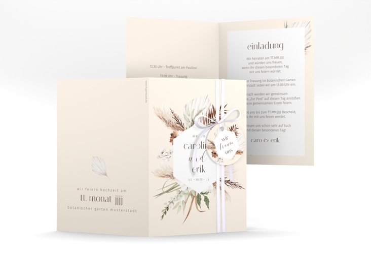 Einladungskarte Hochzeit Bohemian A6 Klappkarte hoch beige mit Gräsern und Trockenblumen für Boho-Hochzeit