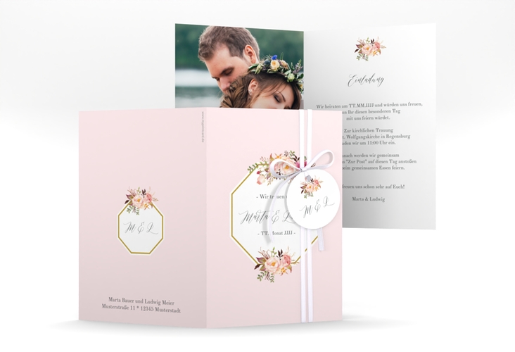 Einladungskarte Hochzeit Prachtvoll A6 Klappkarte hoch rosa hochglanz