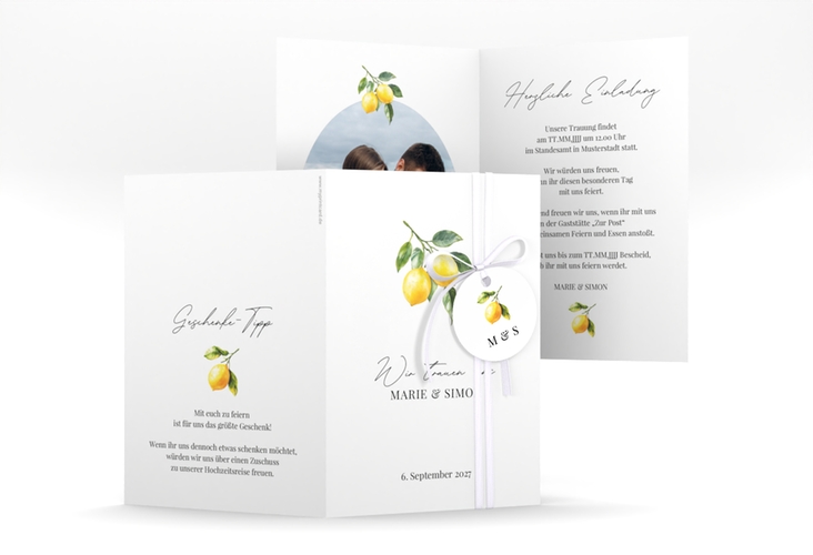 Einladungskarte Hochzeit Zitronen A6 Klappkarte hoch weiss für mediterrane Zitrushochzeit