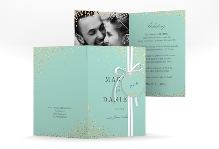 Einladungskarte Hochzeit Glitter A6 Klappkarte hoch mint hochglanz