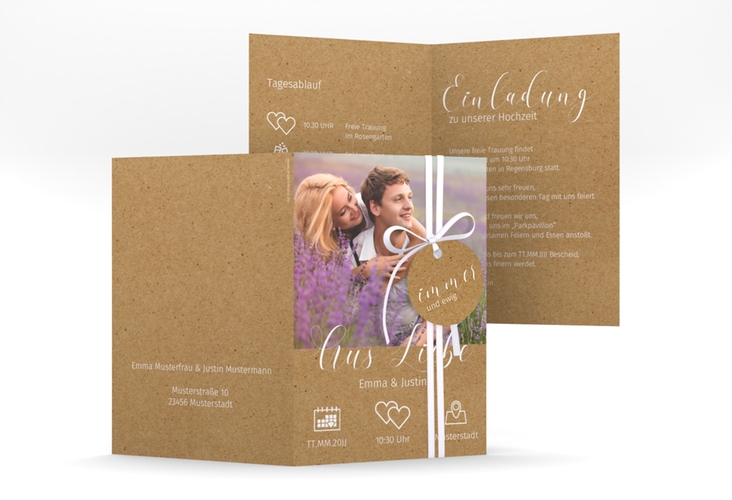 Einladungskarte Hochzeit Timetable A6 Klappkarte hoch Kraftpapier