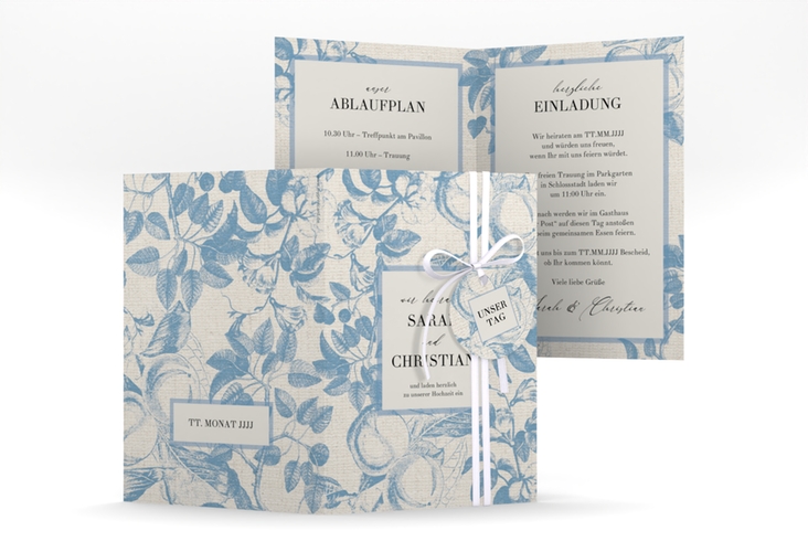 Einladungskarte Hochzeit Toile A6 Klappkarte hoch blau hochglanz mit Blättermuster im Toile-de-Jouy-Stil