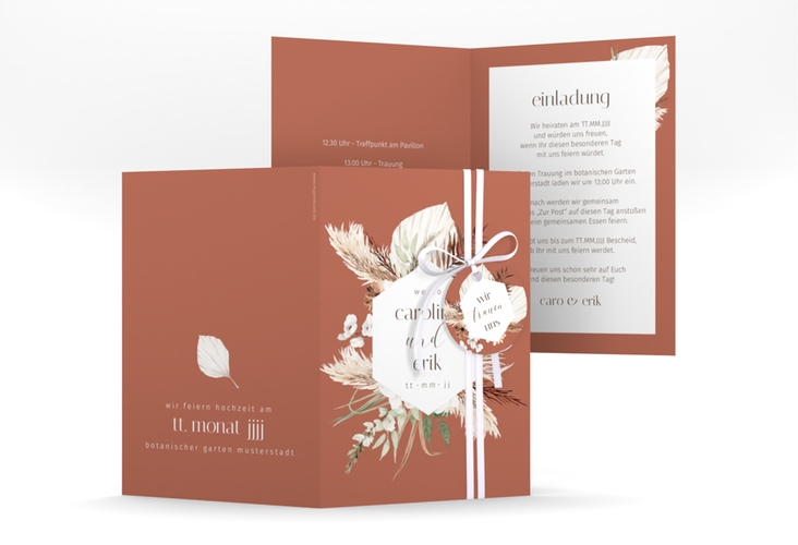 Einladungskarte Hochzeit Bohemian A6 Klappkarte hoch orange mit Gräsern und Trockenblumen für Boho-Hochzeit